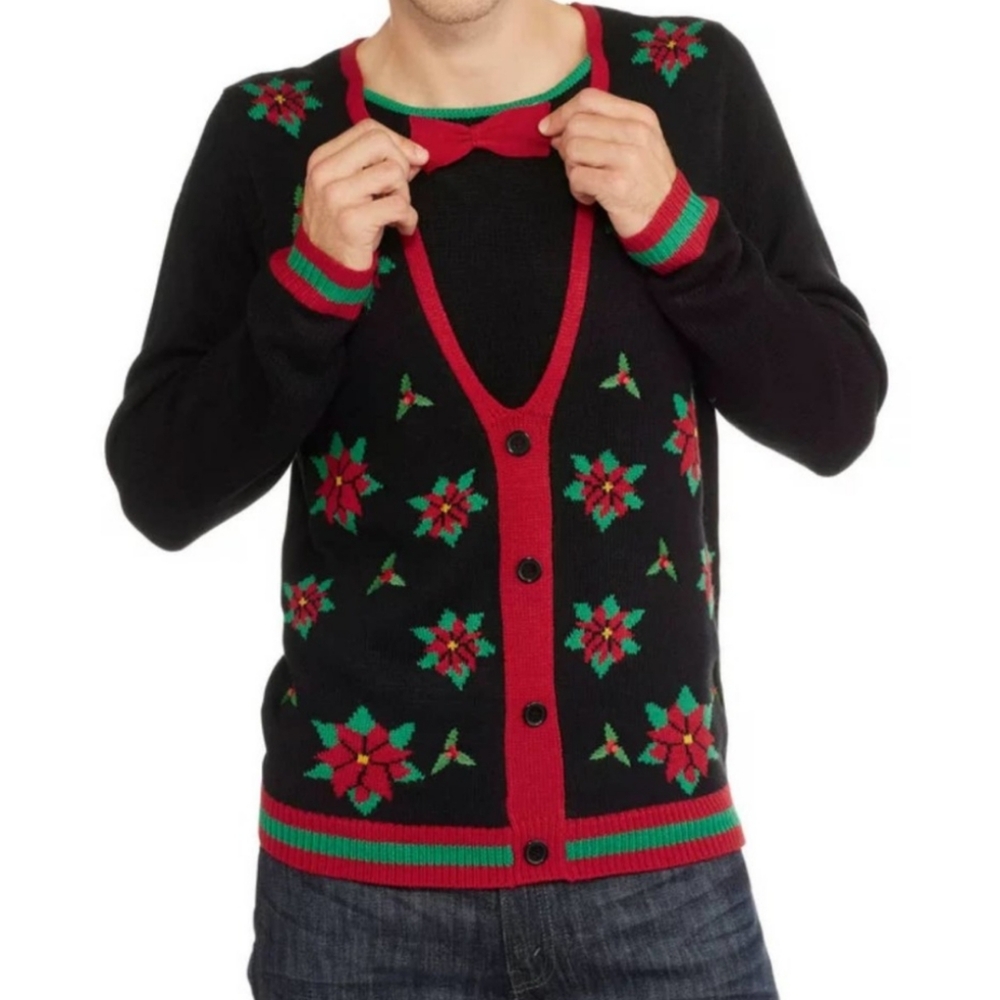 Jolly Sweaters Poinsettia Ugly Christmas Sweater Mens XL Black Holiday Retro